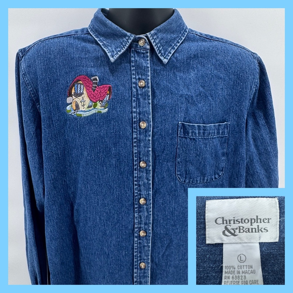 Christopher & Banks Womens Denim Shirt Cottagecore Embroidered House Blue Size L - Picture 1 of 5